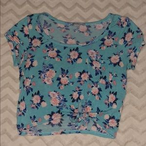 Light blue, floral, cropped, tied t-shirt